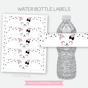 Kitty Cat Water Bottle Labels, Printable Digital Labels, Pink and Black ...