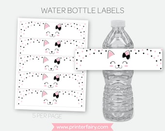 Kitty Cat Water Bottle Labels, Printable Digital Labels, Pink and black, INSTANT DOWNLOAD