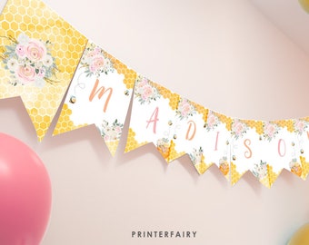 Editable Bee Happy Birthday Banner, Honeycomb Design, Sweet as Can Bee Garland, Instant Download in Corjl