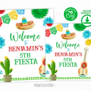 Fiesta Birthday Party Welcome Sign, Editable Mexican Fiesta Invitation Fiesta Decorations Cinco de Mayo Birthday Time Two Siesta, Three-esta