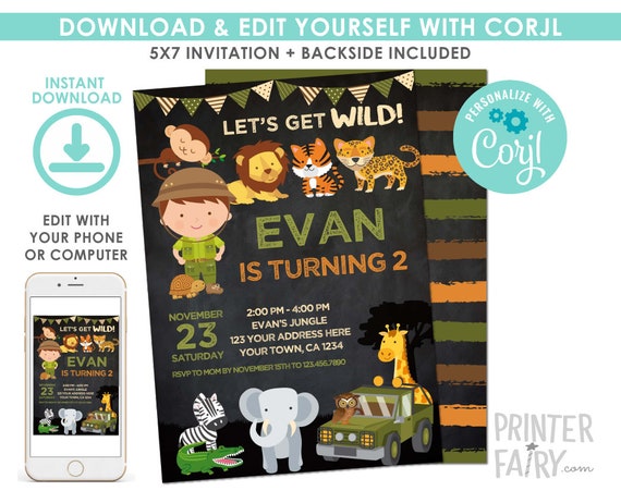 Safari Invitation, Jungle Birthday Invitation, EDITABLE, Safari Party, Outdoor Birthday, Digital Printable Invitation, Instant Download Il_570xn