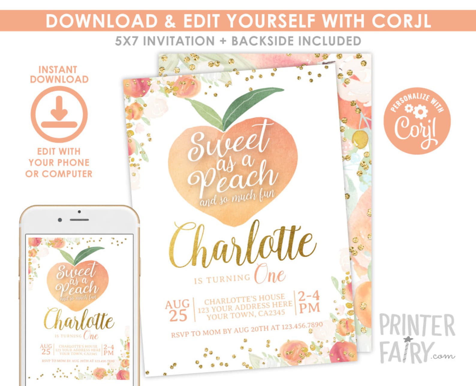 Peach First Birthday Invitation EDITABLE Sweet as a Peach - Etsy