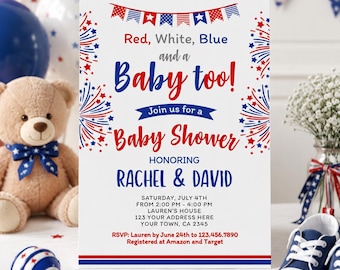 Zaproszenie na baby shower z okazji 4 lipca, edytowalny szablon zaproszenia cyfrowego. Pobierz natychmiast.
