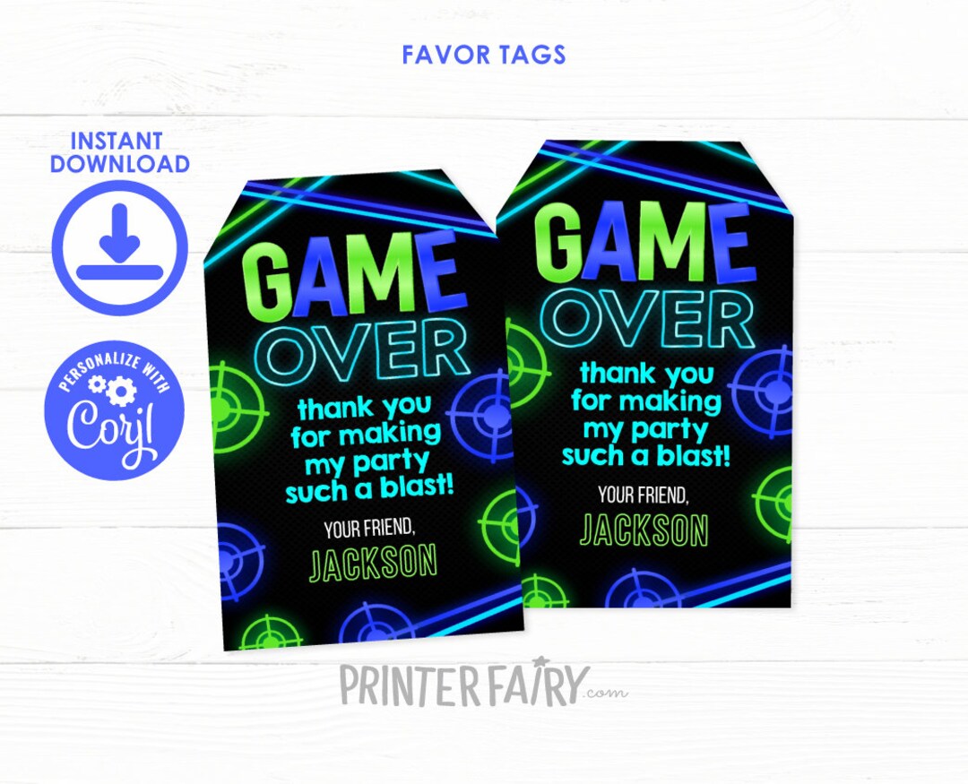 Laser Tag Favor Tags, EDITABLE Laser Tag Gift Tags, Neon Birthday Party