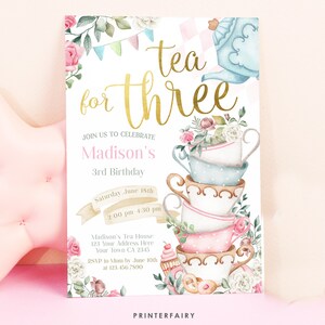 3人で楽しむティーパーティーの誕生日招待状、編集可能なワンダーランドパーティー（デジタルダウンロード） 画像 4