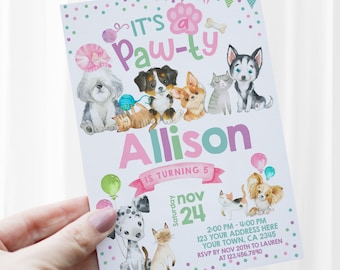 Puppies & Kitties Birthday Invitation, Pawty Invitation, Pet Adoption Party Invitation, Pawty Invites, INSTANT DOWNLOAD