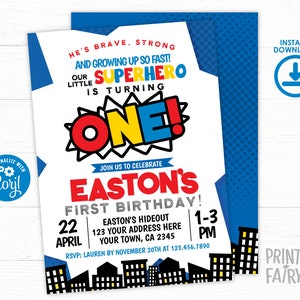 Superhero First Birthday Invitation, Editable, Little Superhero Party Invite, Comic Birthday Party, Super Heroes Birthday Party Invitation