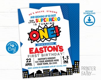 Superhero First Birthday Invitation, Editable, Little Superhero Party Invite, Comic Birthday Party, Super Heroes Birthday Party Invitation