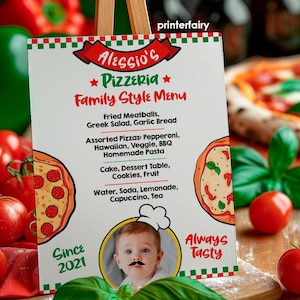 Pizza-Party-Menü, Pizza-Geburtstagsfeier, bearbeitbares Menü, Geburtstagsschild, Restaurant-Menü-Schild, Pizza-Menü mit Foto, INSTANT DOWNLOAD