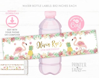 Flamingo Water Bottle Label, EDITABLE, Flamingle Birthday Party, Tropical Birthday Decorations, INSTANT DOWNLOAD