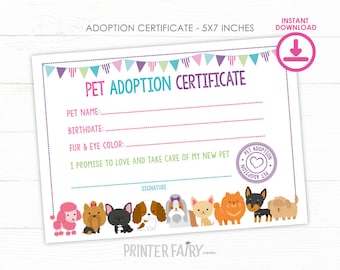 Pet Adoption Certificate, Pet Adoption Birthday Party, Puppy Birthday, Printable Certificate, Instant Download