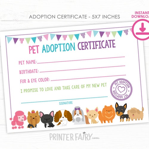 Pet Adoption Certificate Pet Adoption Birthday Party Puppy Etsy Canada