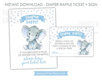 Elephant Diaper Raffle Ticket + Sign, Elephant Baby Shower, Boy Baby Shower Activities, Jungle Baby Shower, Polkadots, Instant Download