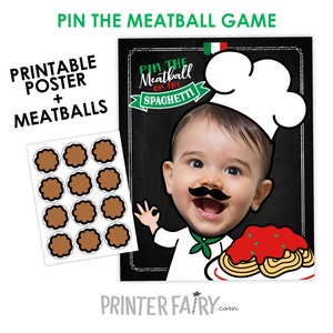 Jogo Pin The Meatball, Festa de aniversário de espaguete, Decorações para festa de macarrão, Jogo de festa, Pin the Tail, Pôster personalizado DIGITAL