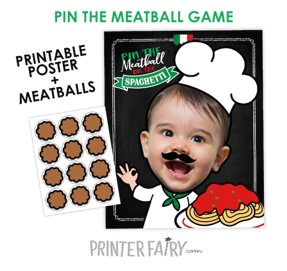 Pin The Meatball game, Spaghetti Birthday Party, Pasta Party Decorations, Party Game, Pin the