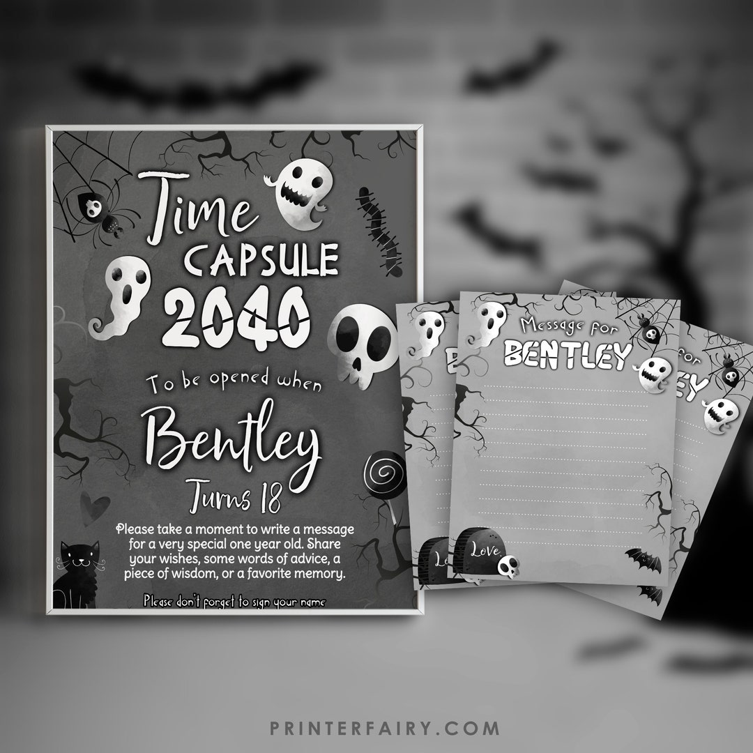 Editable Halloween Time Capsule, Ghost First Birthday Party Black 