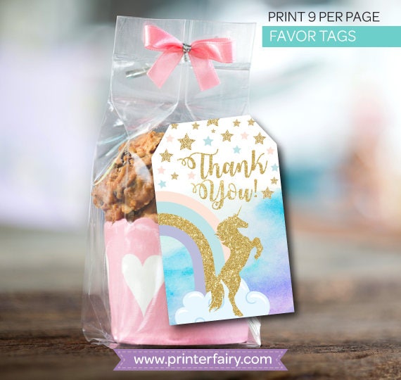 Unicorn favor tags with watercolor and glitter effect, Printable favor tags, Print 9 per page, Instant Download Il_570xn