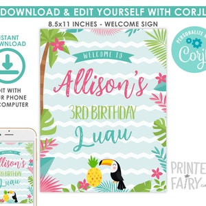 Luau Welcome Sign, EDITABLE, Hawaiian Party, Pool Party, Luau Birthday Party Decorations, Tropical Sign, INSTANT DOWNLOAD