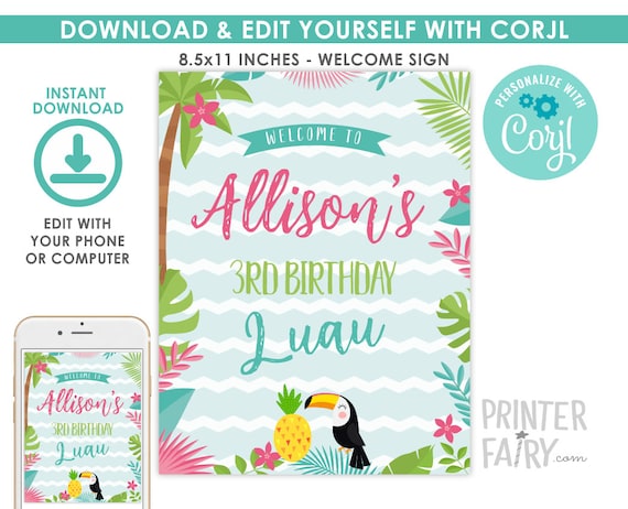 Luau Welcome Sign, EDITABLE, Hawaiian Party, Pool Party, Luau Birthday Party Decorations, Tropical Sign, INSTANT DOWNLOAD Il_570xn