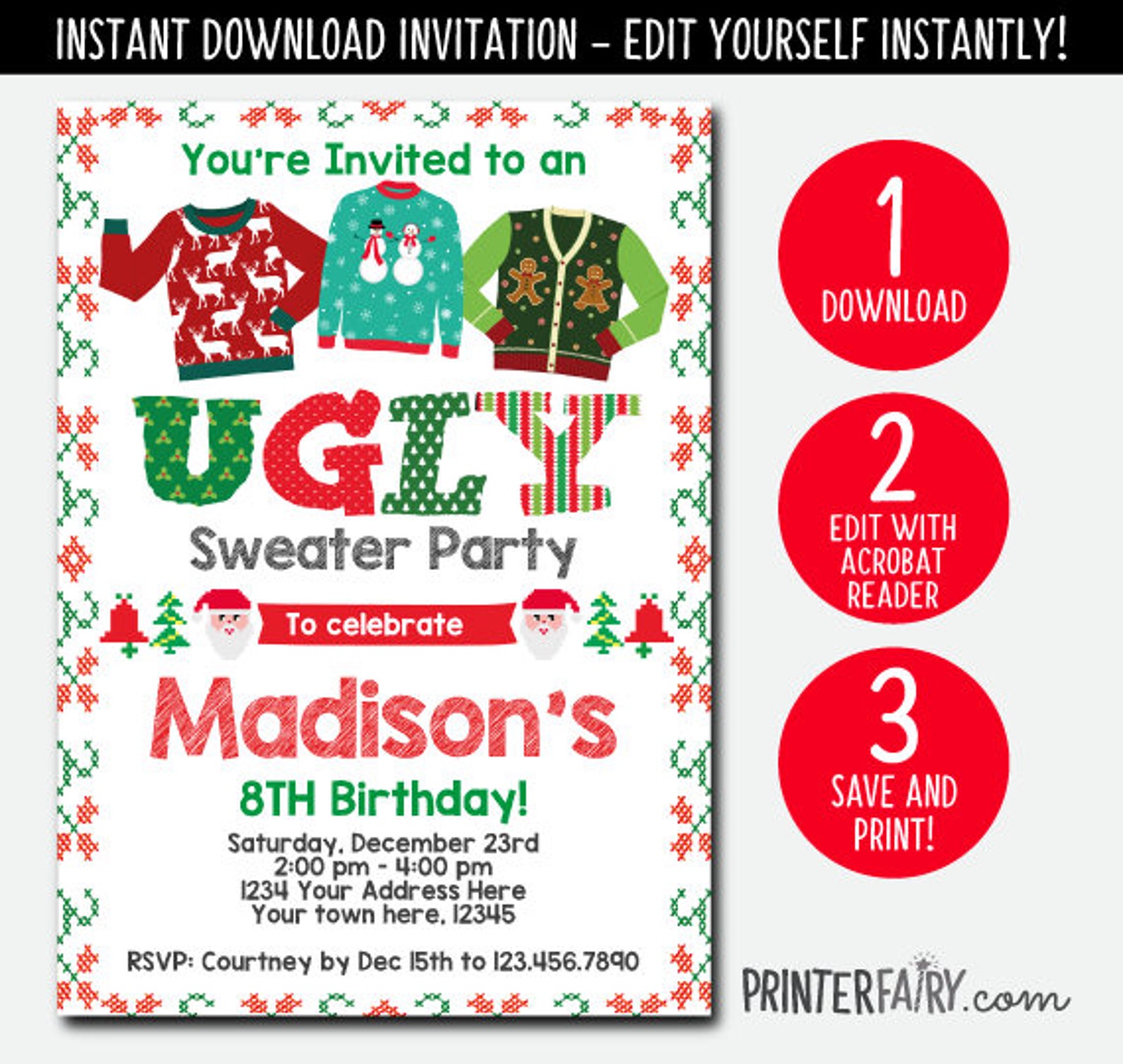 EDITABLE Ugly Sweater Birthday Invitation Holiday Party Etsy