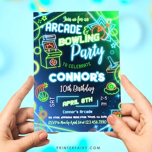 Neon Glow Arcade & Bowling Party Invitation: Gaming, Bowling, Birthday Party for Boys and or Girls - Editable with Corjl