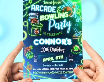 Neon Glow Arcade & Bowling Party Invitation: Gaming, Bowling, Birthday Party for Boys and or Girls - Editable with Corjl