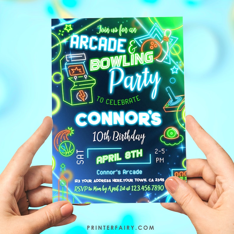 Neon Arcade Bowling Birthday Party Invitation: Editable Corjl (Digital Item) image 1