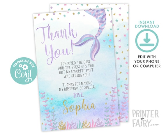 Watercolour Pink Gold Floral Mermaid Party Thank You Cards Watercolour Pink Gold Floral Mermaid Party Thank You Cards