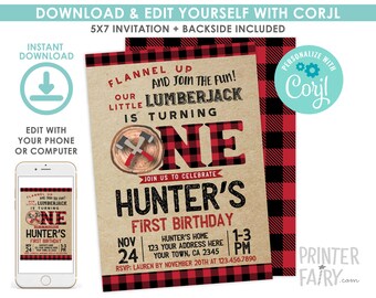 Lumberjack 1st Birthday Invitation, Editable Forest Birthday Party, Woodland Birthday Invitation, Winter Party, EDIT YOURSELF with Corjl