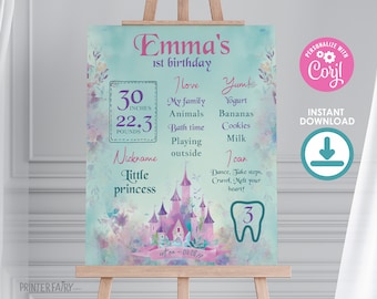 Princess First Birthday Board, Editable, Princess Castle First Birthday Stats Sign, Once Upon a Time Girl Birthday Milestones Chalkboard