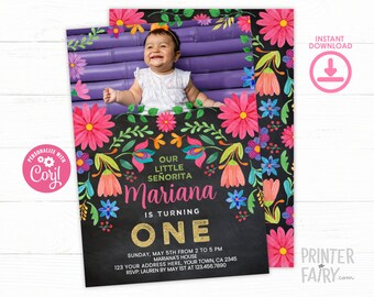 May include: A colorful invitation for a first birthday party with a floral design. The invitation features a photo of a baby girl and the text "Our Little Señorita Mariana is turning One".
