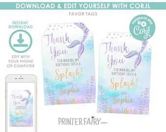 Mermaid Favor Tags, EDITABLE, Under the Sea Birthday Party, Mermaid Birthday Party, Under the Sea Thank You Tags, Instant Download