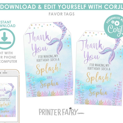 EDITABLE Mermaid Favor Tags Under the Sea Birthday Party - Etsy
