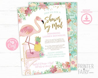 Flamingo Baby Shower by Mail Invitation, EDITABLE, Shower by Mail Invitation, Tropical Baby Shower Invitation, INSTANT DOWNLOAD