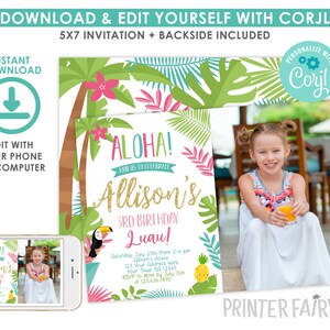 Luau Invitation with photo, EDITABLE, Beach Birthday Party, Luau Birthday Invitation, Luau BirthdayParty, Tropical, INSTANT DOWNLOAD image 2