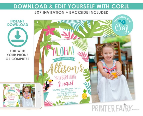 Luau Invitation with photo, EDITABLE, Beach Birthday Party, Luau Birthday Invitation, Luau BirthdayParty, Tropical, INSTANT DOWNLOAD Il_570xn
