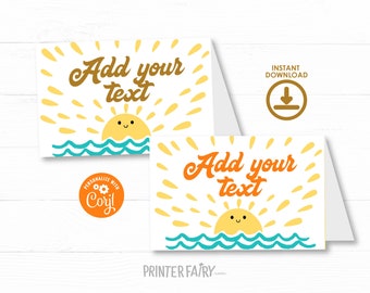 Here Comes The Sun Party Food Tents, Instant Download, Boho Sunshine Birthday Food Table Labels, Printable Template, Here Comes The Sun