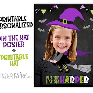 Pin The Hat-spel, Halloween-verjaardagsfeestje, Halloween-feestversieringen, Halloween-feestspel, Pin the Tail, DIGITALE gepersonaliseerde poster