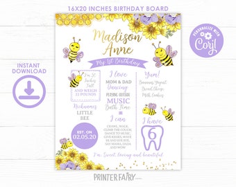 Little Bee Birthday Board, EDITABLE, Bee Birthday Decorations, Digital Birthday Board, Bee 1st Birthday, Instant Download