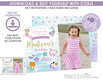 Mercat Birthday Invitation with photo, EDITABLE, Meowmaid Invitation, Mermaid Invitation, Kitty Invitation, EDIT YOURSELF, Instant Download