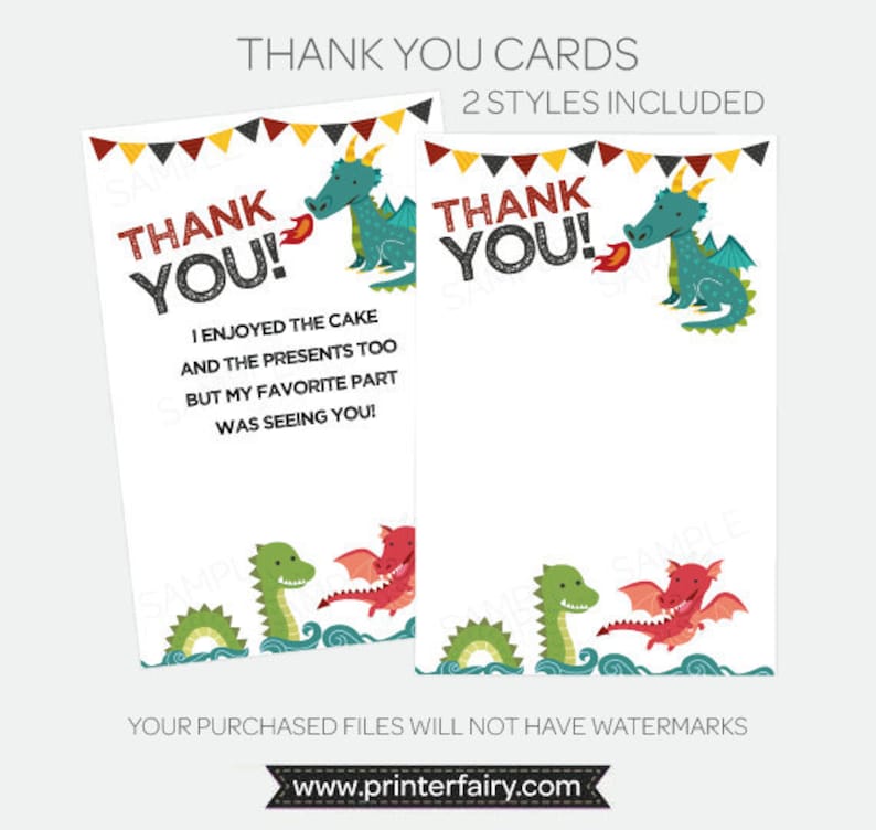 Dragon Thank You Cards, Printable thank you notes, Dragon Birthday Party, Knight Favor Tags, Digital Printable Tags, INSTANT DOWNLOAD image 1