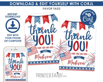 4th of July Favor Tags, Little Firecracker Party, Miss Indepent Thank You Tags, Fourth of July Gift Tags, Instant Download