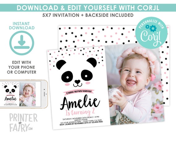 EDITABLE Panda Birthday Invitation with photo, Black White & Pink Birthday Party, Modern, Panda Invitation, EDIT YOURSELF Digital Invite Il_570xn