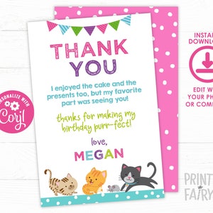Carte de remerciement chat Kitty, modifiable, note de remerciement chaton, anniversaire de chat, carte de remerciement Pawty, fête d’adoption pour animaux de compagnie, téléchargement immédiat