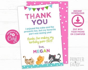Kitty Cat Thank you Card, EDITABLE, Kitten Thank You Note, Cat Birthday, Pawty Thank You Card, Pet Adoption Party, INSTANT DOWNLOAD