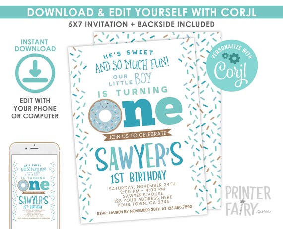 Donut Boy Birthday Invitation, EDITABLE, Donut First Birthday Invitation, Donut Party, 1st Birthday EDIT YOURSELF Digital Invite Il_570xn