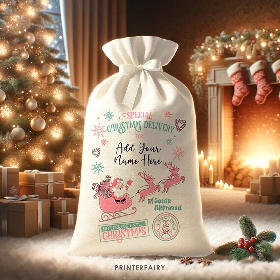 Custom Santa Sack, Sublimation PNG Design, Special Delivery, Pink Retro Christmas Santa Claus Christmas Sack Digital INSTANT DOWNLOAD