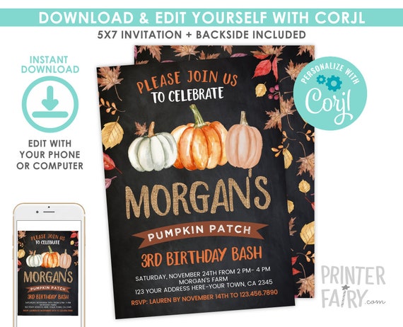 Pumpkin Patch Birthday Invitation, EDITABLE, Fall Birthday Party, Little Pumpkin Birthday Invitation, DIGITAL, Instant Download Il_570xn