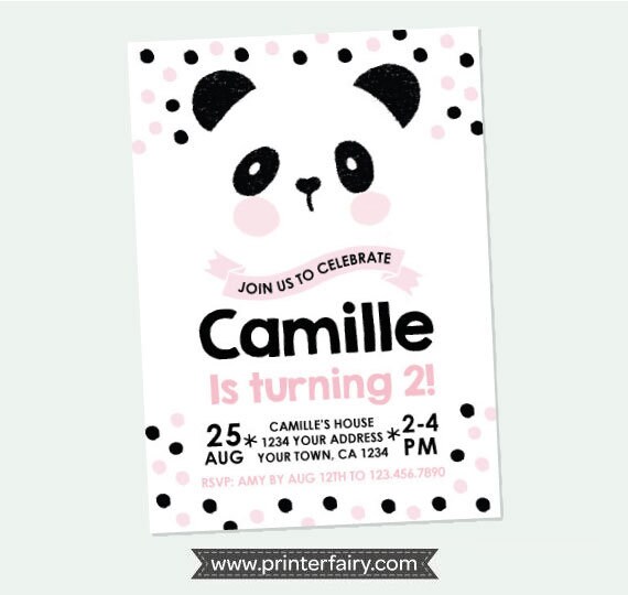 Panda Birthday Invitation, Panda Birthday party, Black pink white birthday Party, Personalized Digital Invitation Il_570xn