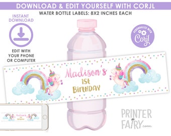 Unicorn Water Bottle Labels, EDITABLE, Rainbow Birthday Party, Unicorn Birthday Party, Cute Unicorn Labels, INSTANT DOWNLOAD